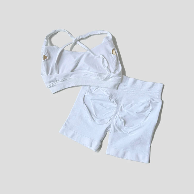 Solid Color Bike Gym Set Short Cross Back Sports Bra Workout Outfit Athletic Women Gym Suit Training Running Tracksuit