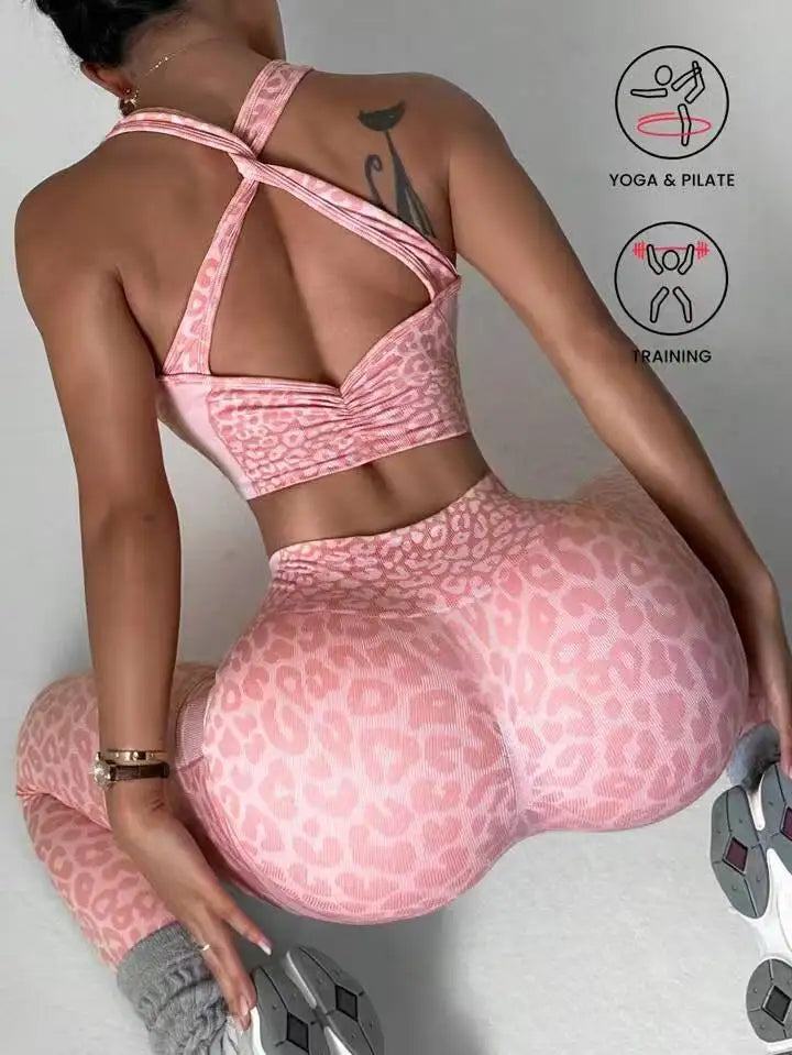 Women Sports Jumpsuits Leopard Deep V Bandage One Piece Yoga Pants Scrunch Workout Fitness Gym Training Athletic Tights Suits