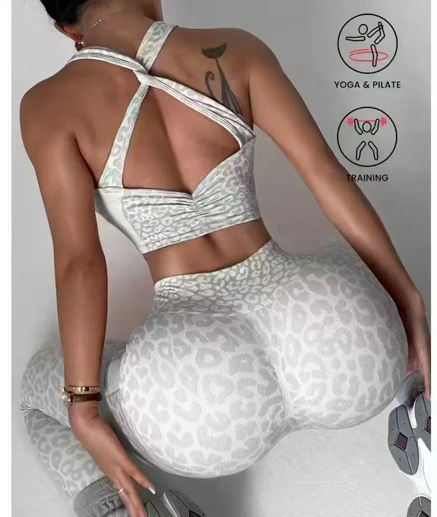 Women Sports Jumpsuits Leopard Deep V Bandage One Piece Yoga Pants Scrunch Workout Fitness Gym Training Athletic Tights Suits