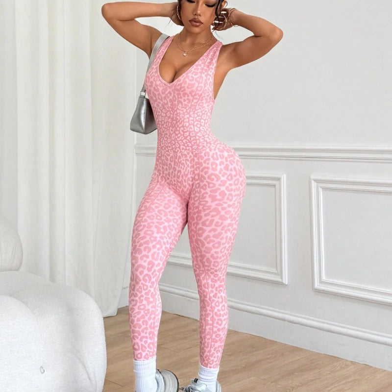 Women Sports Jumpsuits Leopard Deep V Bandage One Piece Yoga Pants Scrunch Workout Fitness Gym Training Athletic Tights Suits