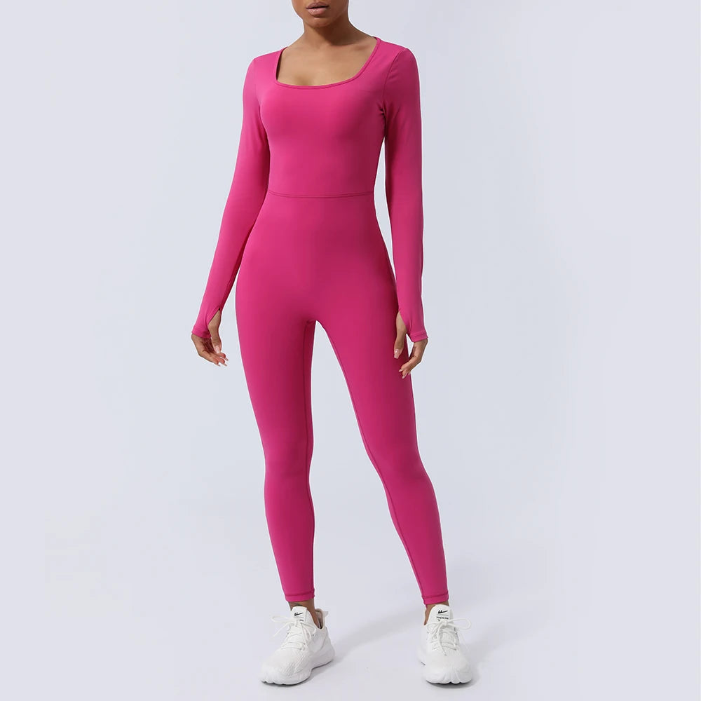 Women Fitness Jumpsuit Backless Long Sleeve Tights Yoga Set Running Training With Padded Sport Set