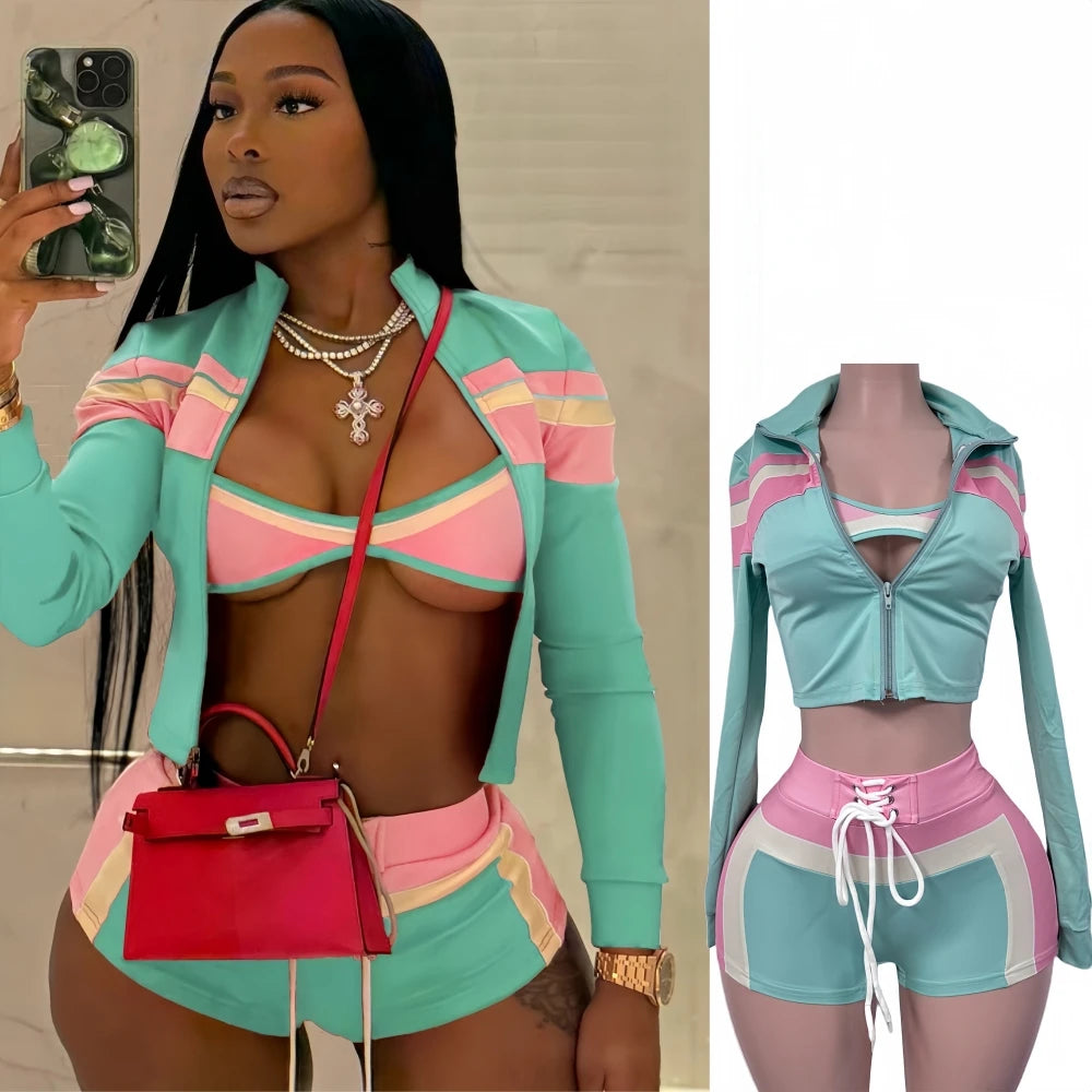 FAGADOER Sexy Sport 3 Pieces Set For Woman Color Block Long Sleeves Jacket + Tanks Top and Shorts Matching Female Beach Swimsuit