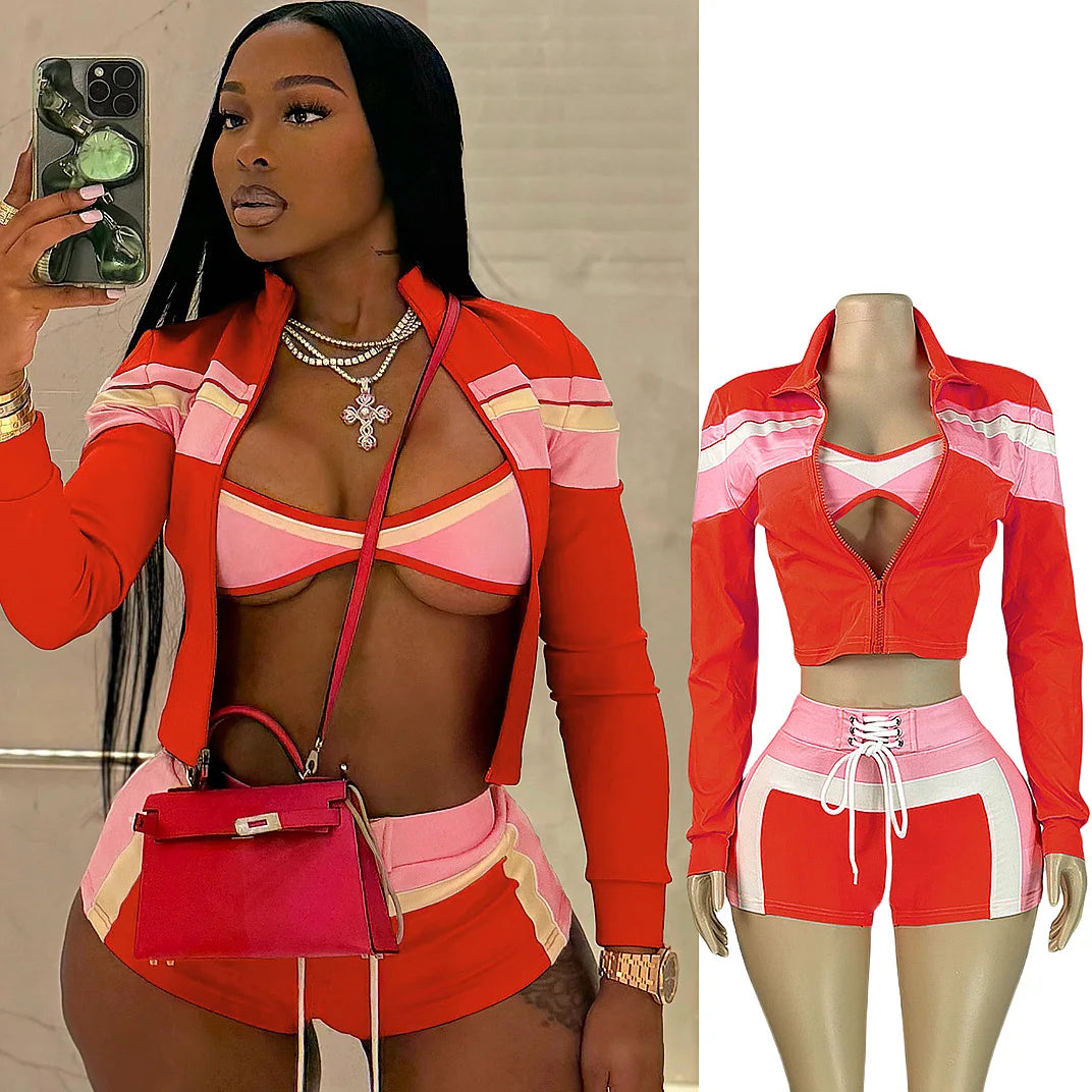 FAGADOER Sexy Sport 3 Pieces Set For Woman Color Block Long Sleeves Jacket + Tanks Top and Shorts Matching Female Beach Swimsuit