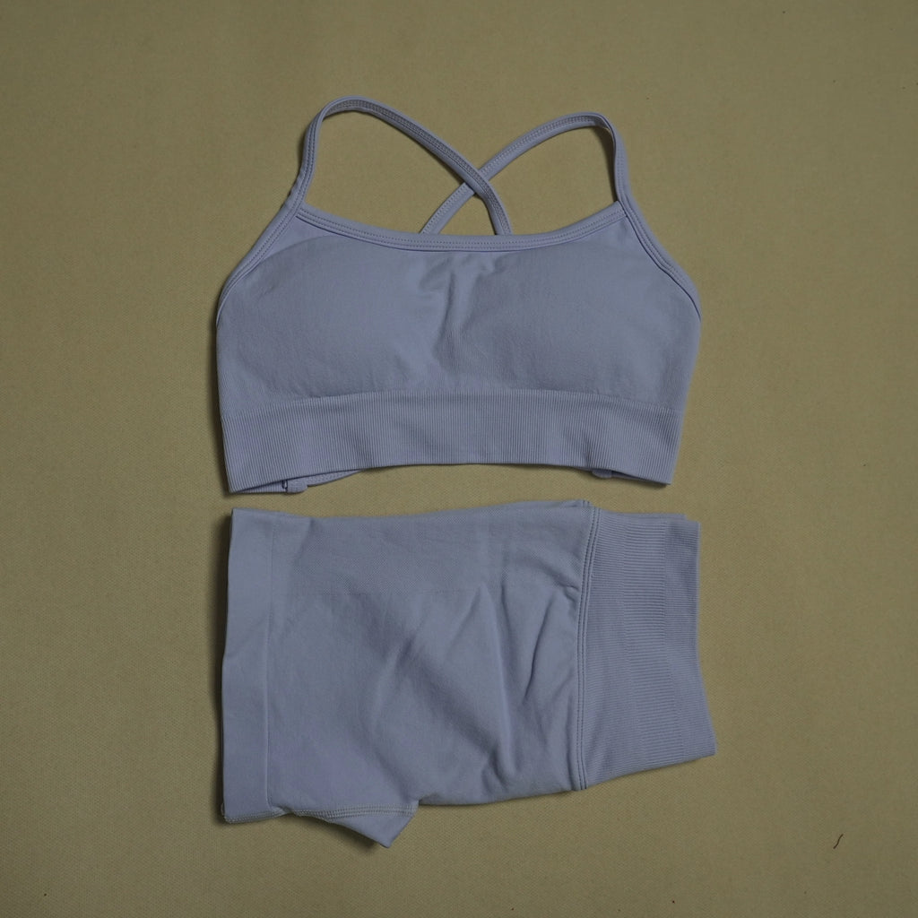 2 Pieces Yoga Gym Set Women Seamless Strappy Yoga Bra High Waist Workout Scrunch Shorts Sports Set Fitness Clothes Sportswear
