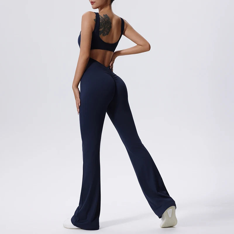 Sexy Gym Set Women Sport One-Piece Suit Yoga Suit Flared Pants Women Push Up Sports Jumpsuit Fitness Rompers Workout Bodysuits ﻿