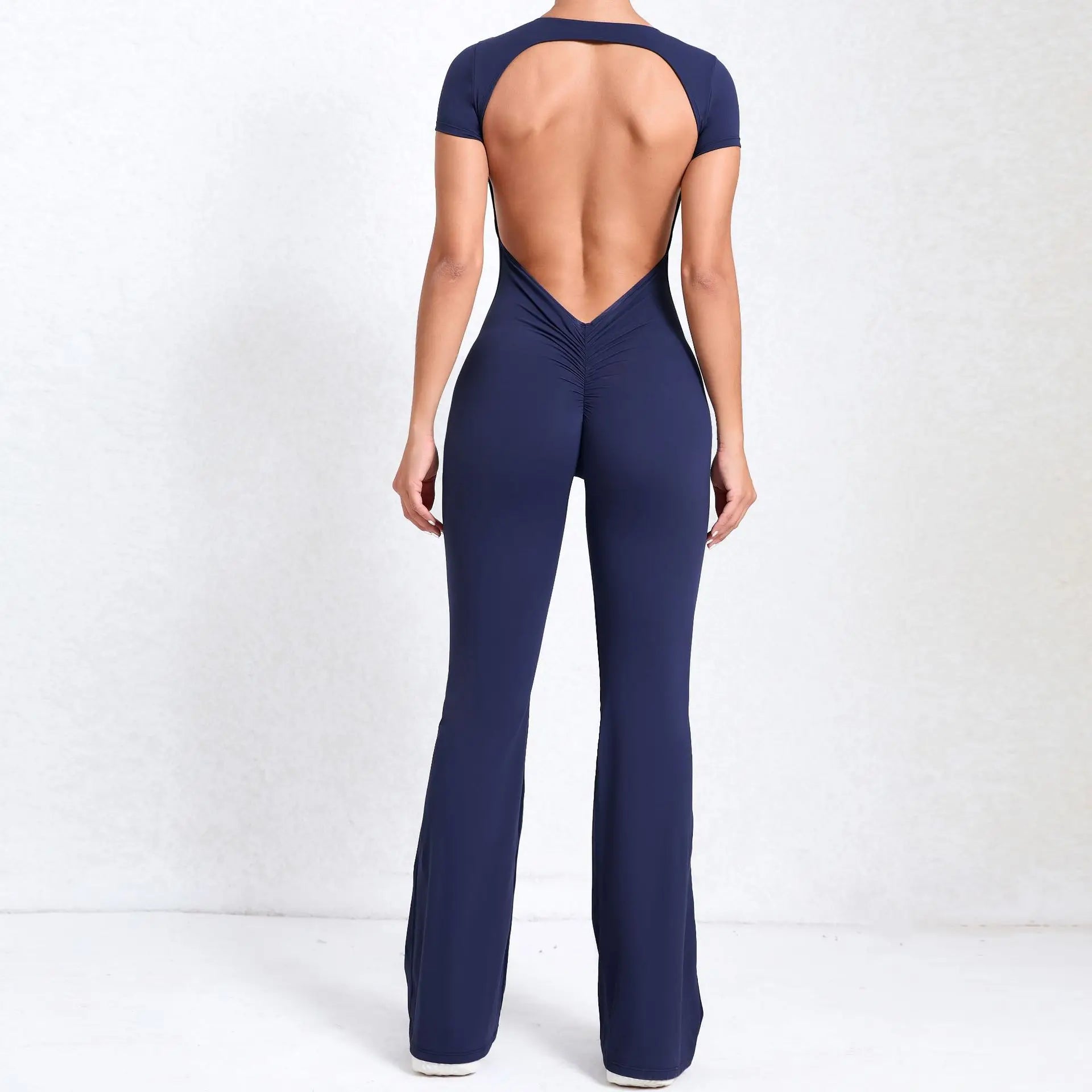 Sexy Backless Scrunch Flared Jumpsuits Women One Piece Sportswear Yoga Clothes Short Sleeve Fitness Overalls Female Sport Outfit