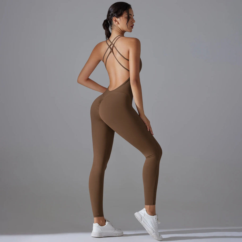 Sexy Backless Bodycon Scrunch Jumpsuit Raises Butt Women Dance Fitness Overalls Push Up Sleeveless Yoga Sport Jump Suit