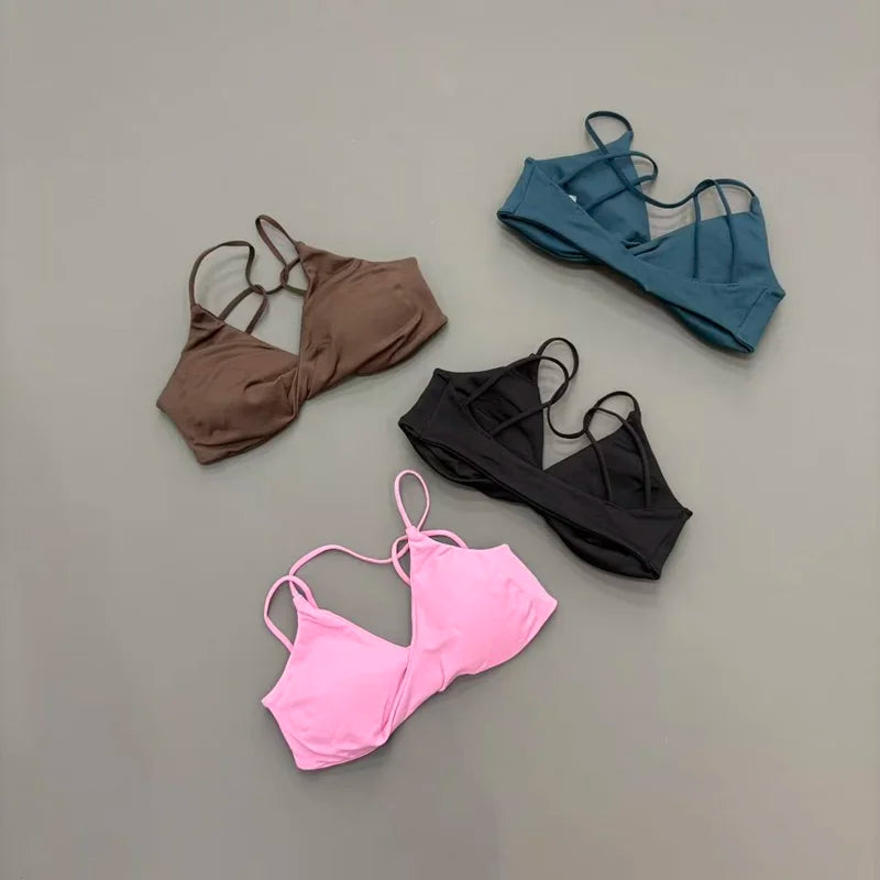 HISTELLO Vision Sport Bra Women Cross Back Thin Strap Seamless Removable Pads Quick Dry Soft Yoga Gym Fitness Bralette