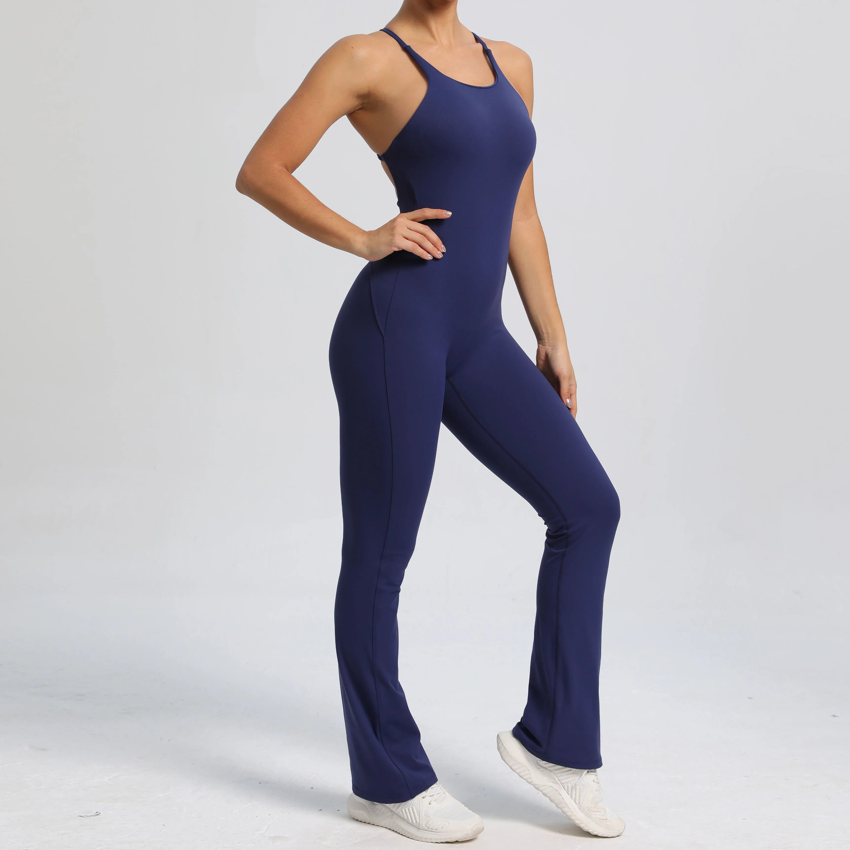 Women Workout Jumpsuit One Piece Fitness Training Yoga Suit Butt Backless Gym Bodysuit Stretch Women Sport Flare Playsuit
