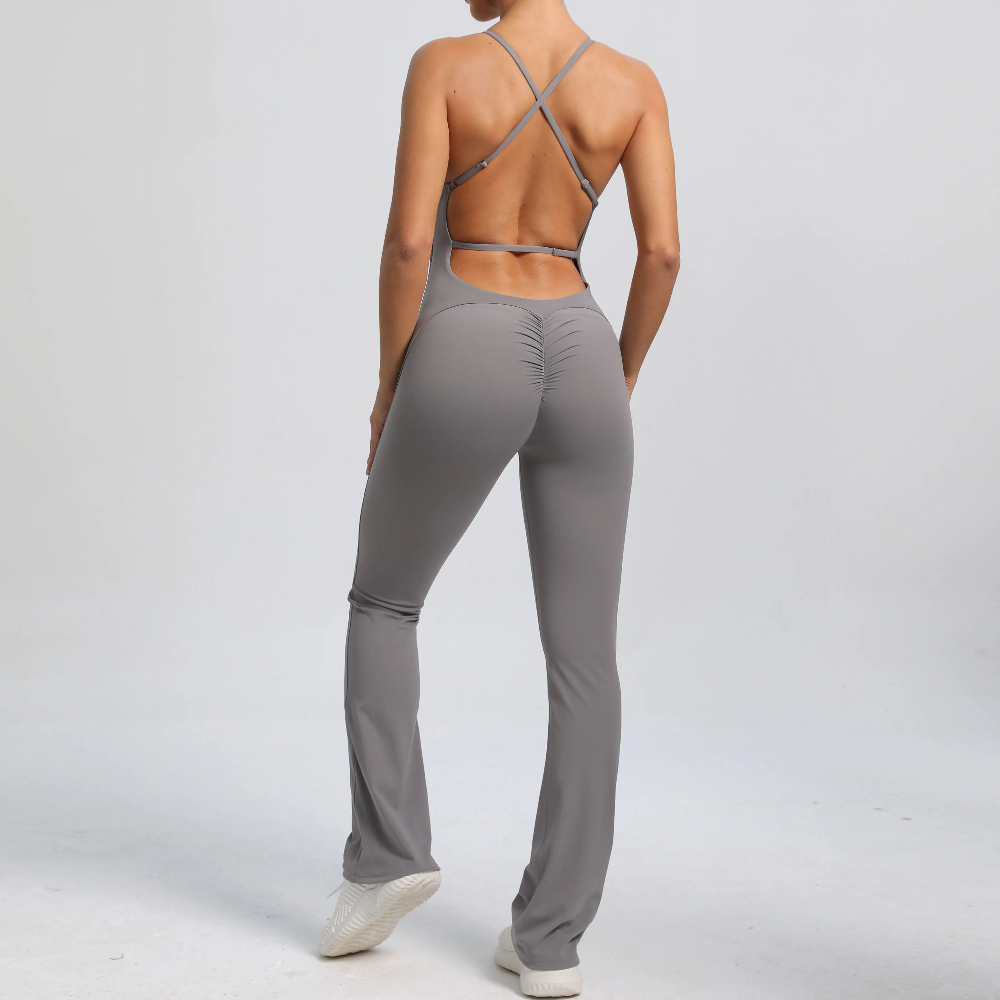 Women Workout Jumpsuit One Piece Fitness Training Yoga Suit Butt Backless Gym Bodysuit Stretch Women Sport Flare Playsuit