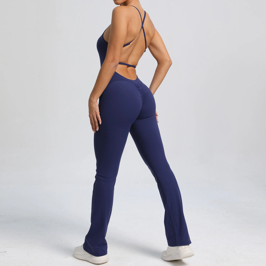 Women Workout Jumpsuit One Piece Fitness Training Yoga Suit Butt Backless Gym Bodysuit Stretch Women Sport Flare Playsuit