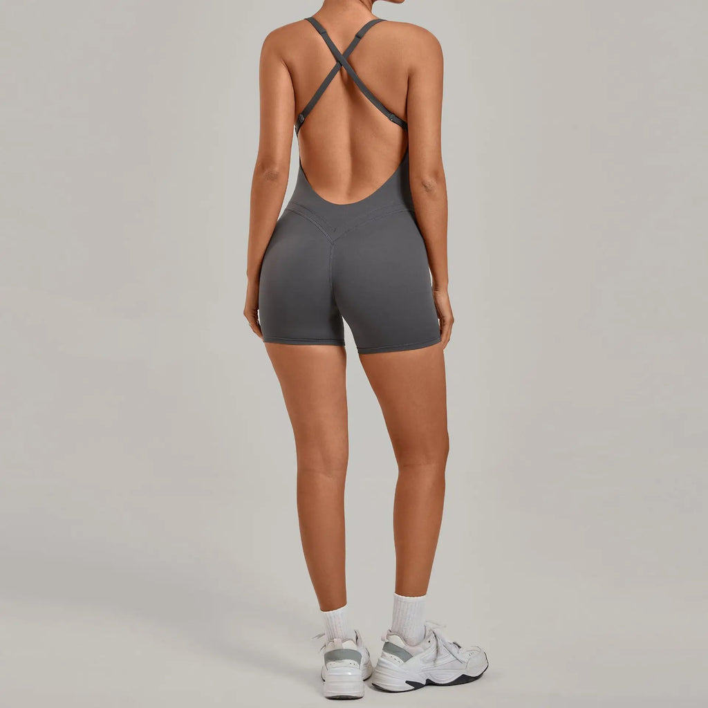 Backless Gym Bodysuits Set Short Jumpsuit Playsuit Women One Piece Sport Outfit Yoga Romper Sexy Fitness Overalls Raises Butt