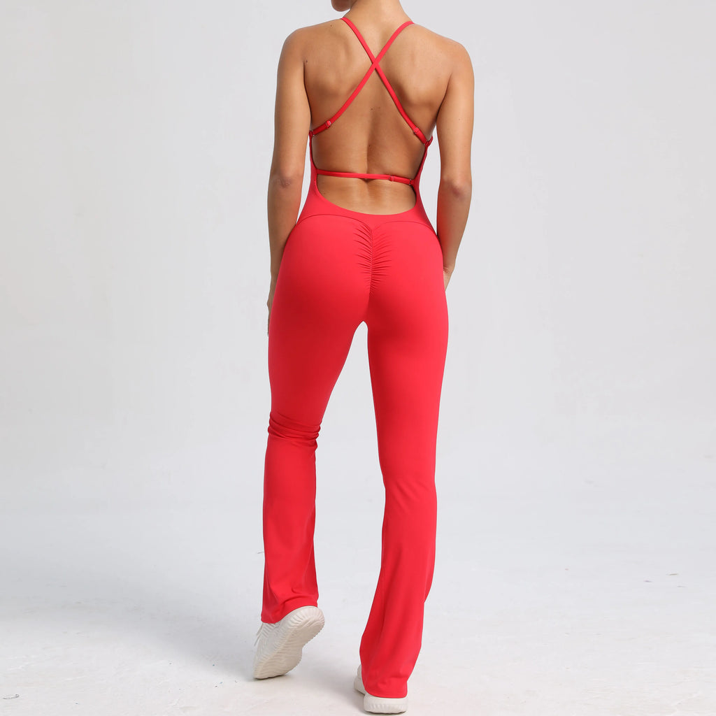 Women Workout Jumpsuit One Piece Fitness Training Yoga Suit Butt Backless Gym Bodysuit Stretch Women Sport Flare Playsuit