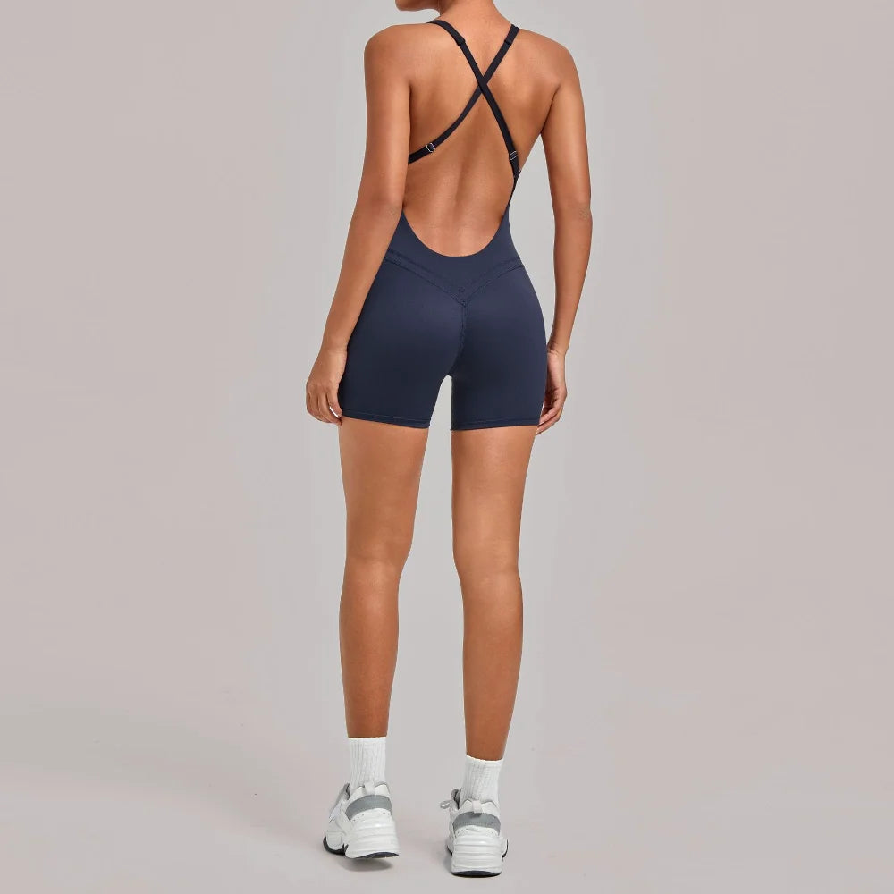 Backless Gym Bodysuits Set Short Jumpsuit Playsuit Women One Piece Sport Outfit Yoga Romper Sexy Fitness Overalls Raises Butt