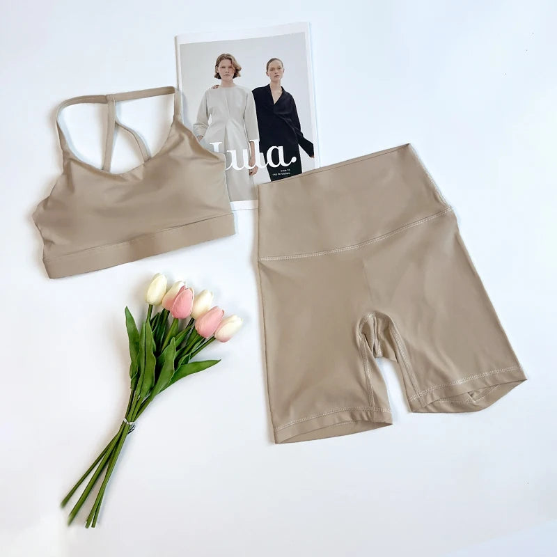 Solid Color Gym Bike Yoga Set Short Legging Cross Back Sport Bra 2pc Tracksuit Athletic Women Gym Suit Comprehensive Training👚