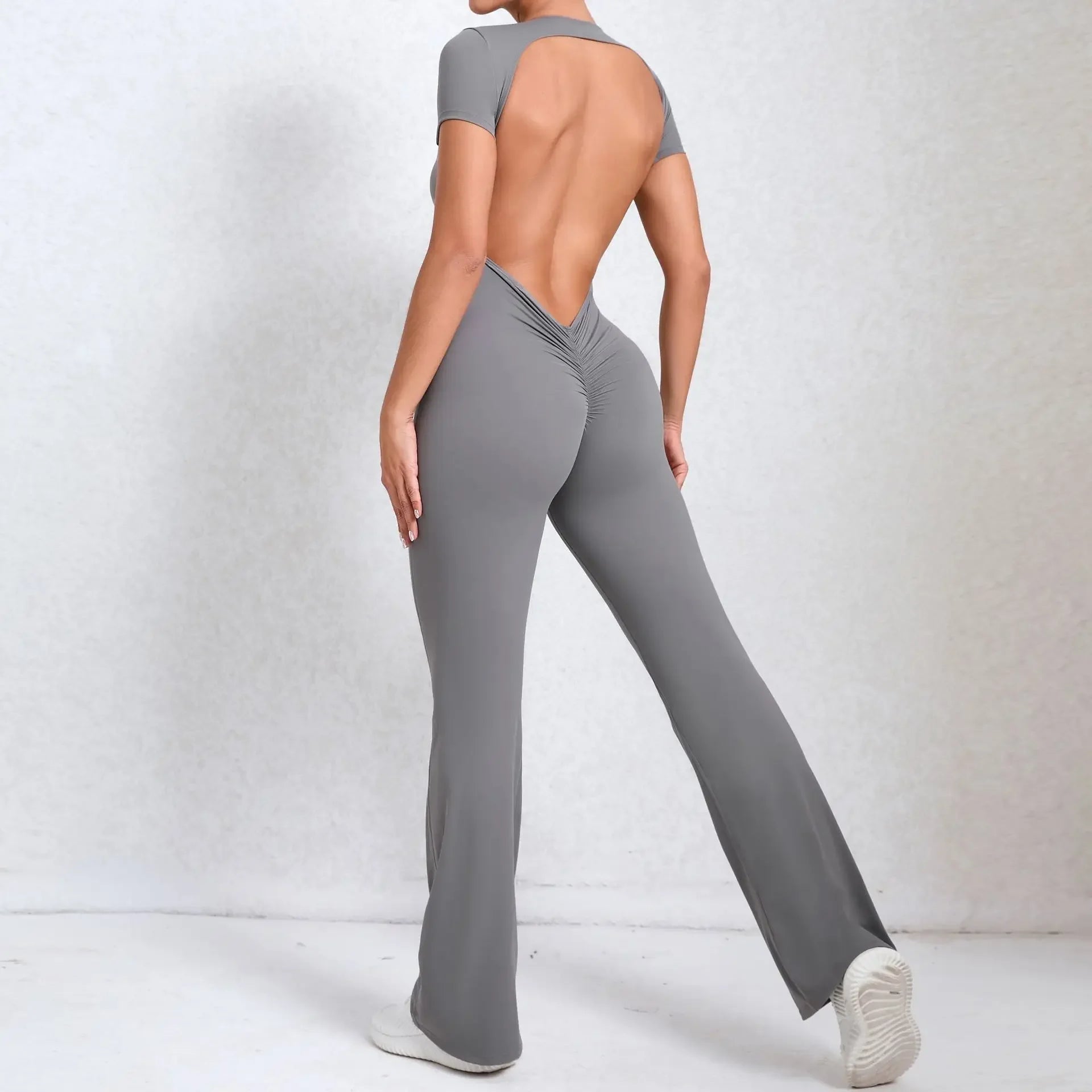 Sexy Backless Scrunch Flared Jumpsuits Women One Piece Sportswear Yoga Clothes Short Sleeve Fitness Overalls Female Sport Outfit