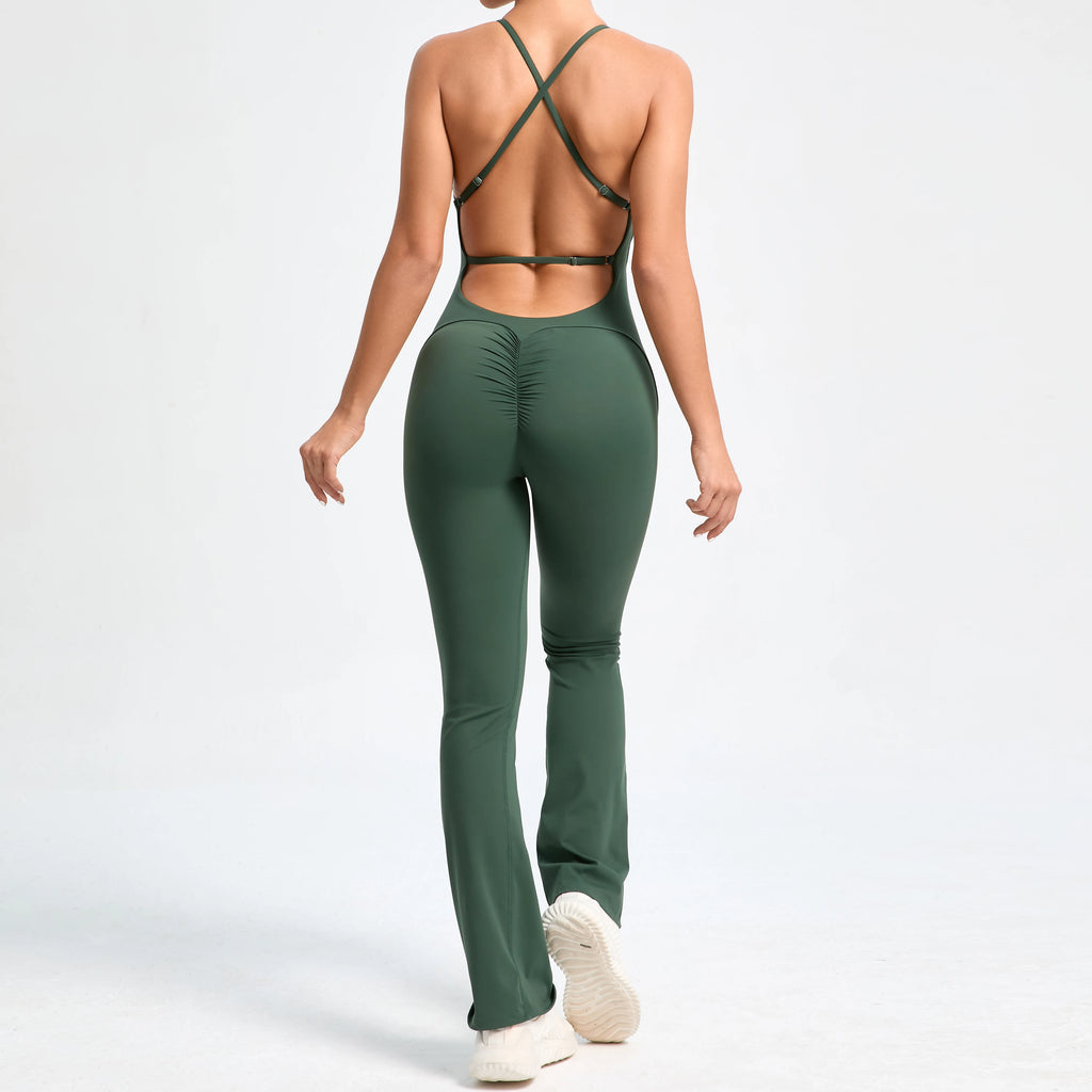 Women Workout Jumpsuit One Piece Fitness Training Yoga Suit Butt Backless Gym Bodysuit Stretch Women Sport Flare Playsuit