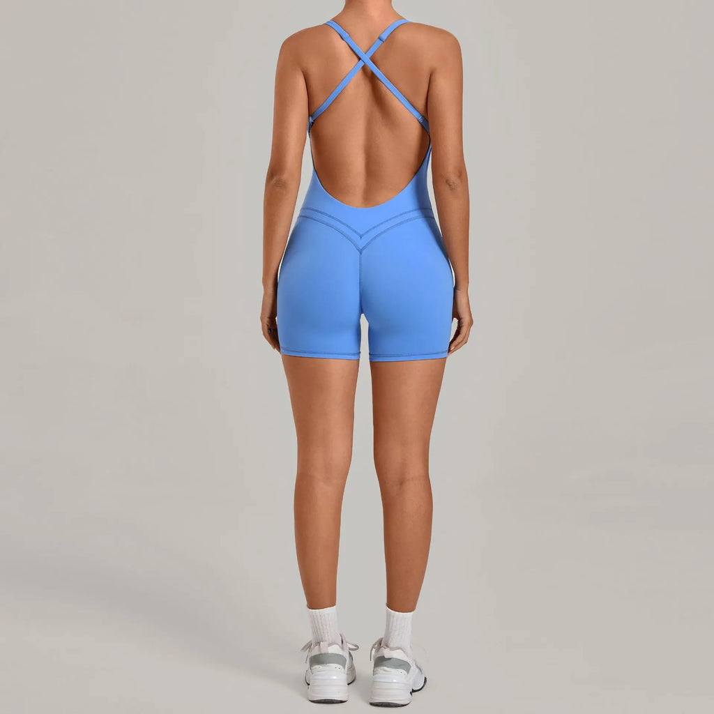 Backless Gym Bodysuits Set Short Jumpsuit Playsuit Women One Piece Sport Outfit Yoga Romper Sexy Fitness Overalls Raises Butt