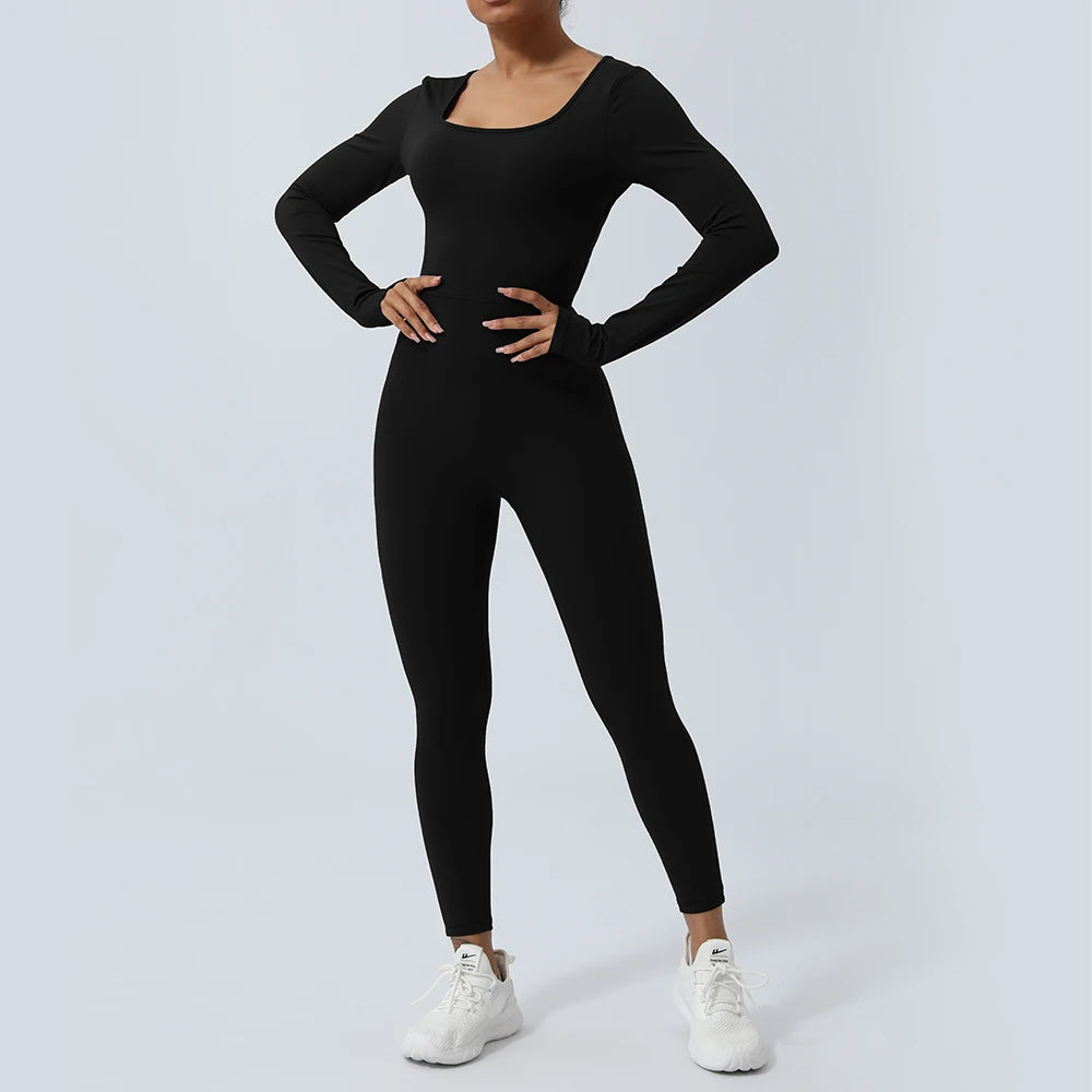 Women Fitness Jumpsuit Backless Long Sleeve Tights Yoga Set Running Training With Padded Sport Set