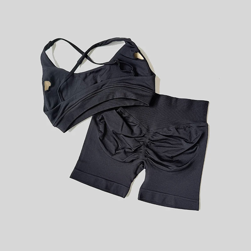 Solid Color Bike Gym Set Short Cross Back Sports Bra Workout Outfit Athletic Women Gym Suit Training Running Tracksuit