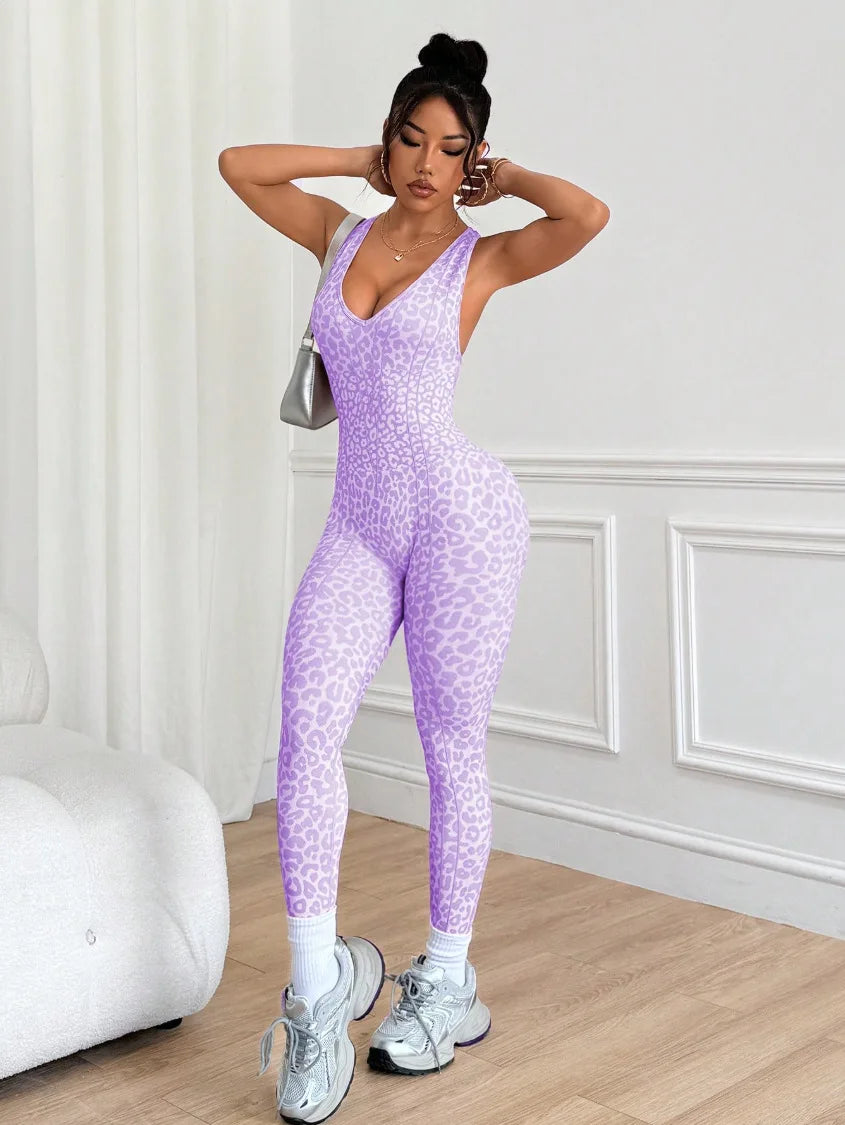 Women Sports Jumpsuits Leopard Deep V Bandage One Piece Yoga Pants Scrunch Workout Fitness Gym Training Athletic Tights Suits