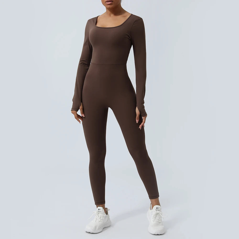 Women Fitness Jumpsuit Backless Long Sleeve Tights Yoga Set Running Training With Padded Sport Set