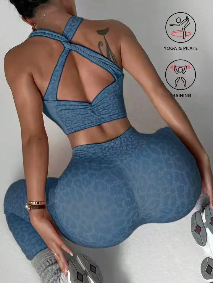 Women Sports Jumpsuits Leopard Deep V Bandage One Piece Yoga Pants Scrunch Workout Fitness Gym Training Athletic Tights Suits