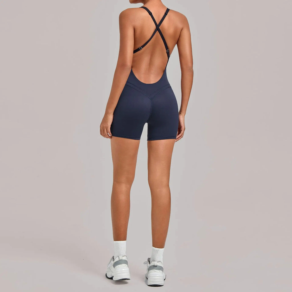 Backless Gym Bodysuits Set Short Jumpsuit Playsuit Women One Piece Sport Outfit Yoga Romper Sexy Fitness Overalls Raises Butt