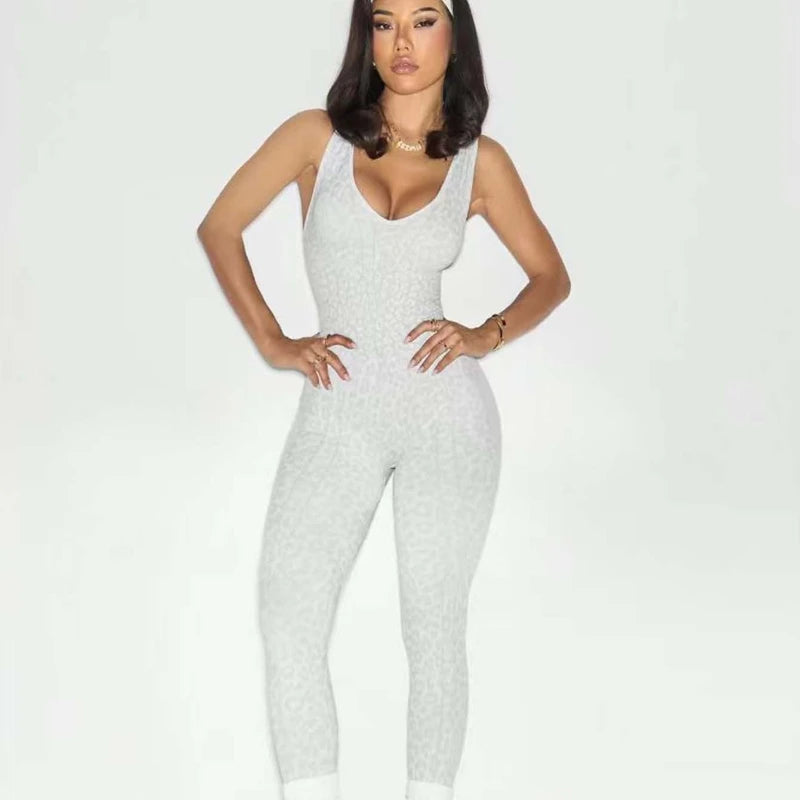 Women Sports Jumpsuits Leopard Deep V Bandage One Piece Yoga Pants Scrunch Workout Fitness Gym Training Athletic Tights Suits
