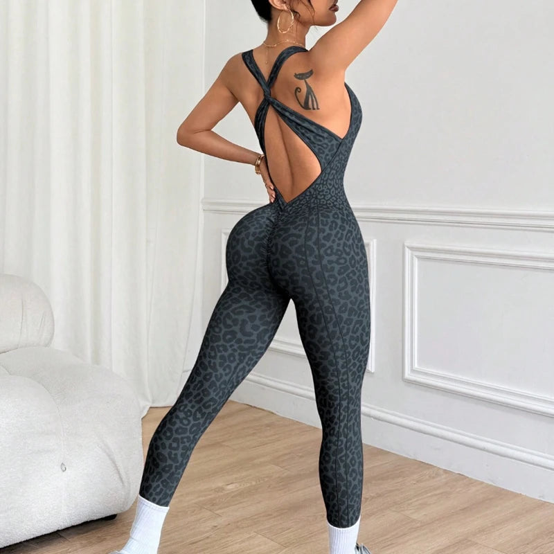 Women Sports Jumpsuits Leopard Deep V Bandage One Piece Yoga Pants Scrunch Workout Fitness Gym Training Athletic Tights Suits