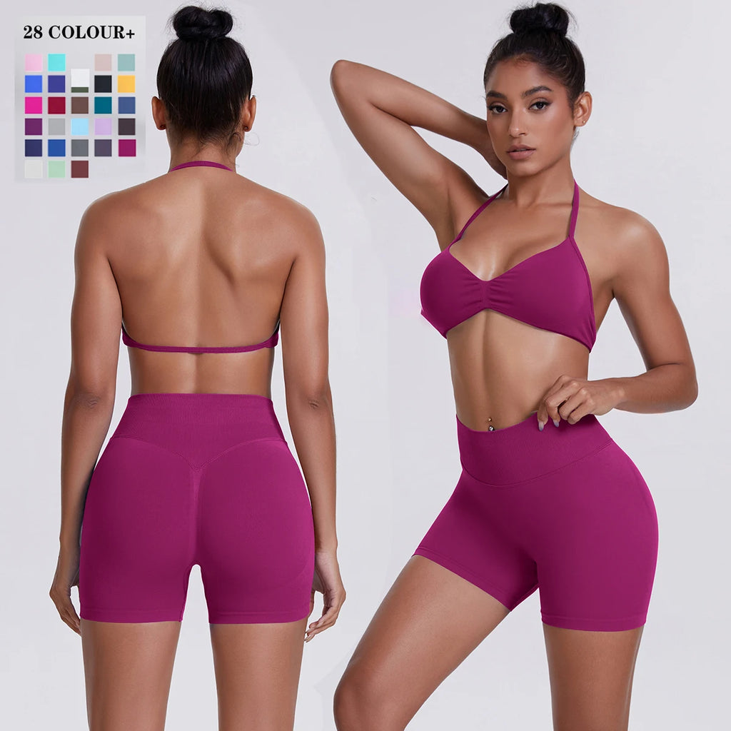Solid Color Soft Gym Yoga Set Short Legging Strap Back Sport Bra Tracksuit Women Gym Suit Comprehensive Training Jog Athletic