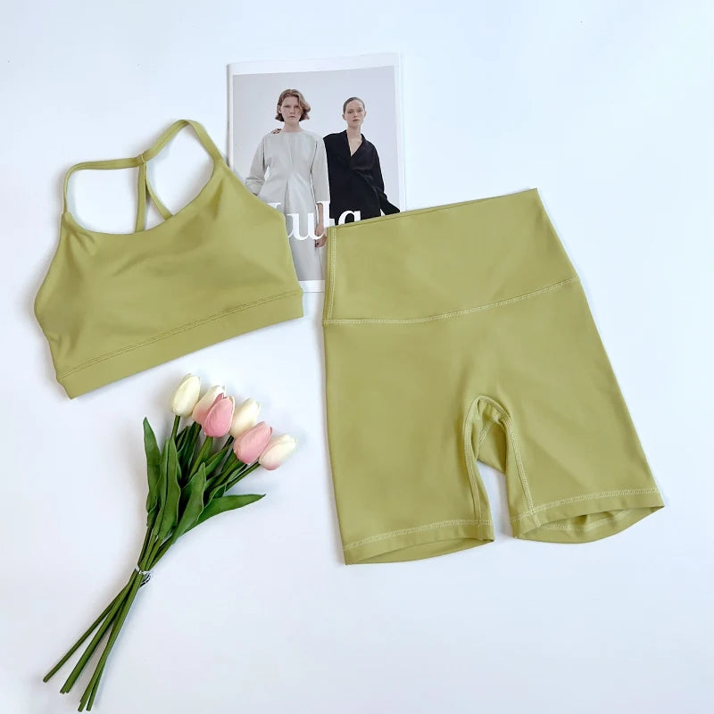 Solid Color Gym Bike Yoga Set Short Legging Cross Back Sport Bra 2pc Tracksuit Athletic Women Gym Suit Comprehensive Training👚