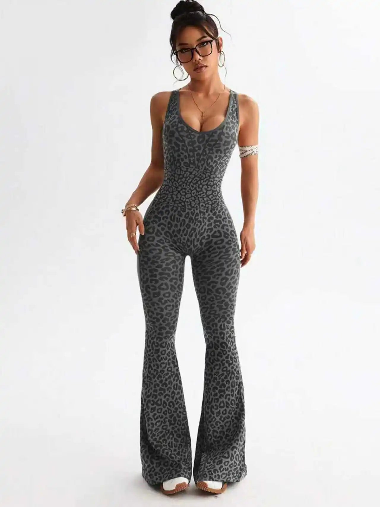 Women Sports Jumpsuits Leopard Deep V Bandage One Piece Yoga Pants Scrunch Workout Fitness Gym Training Athletic Tights Suits
