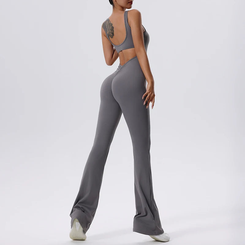 Sexy Gym Set Women Sport One-Piece Suit Yoga Suit Flared Pants Women Push Up Sports Jumpsuit Fitness Rompers Workout Bodysuits ﻿