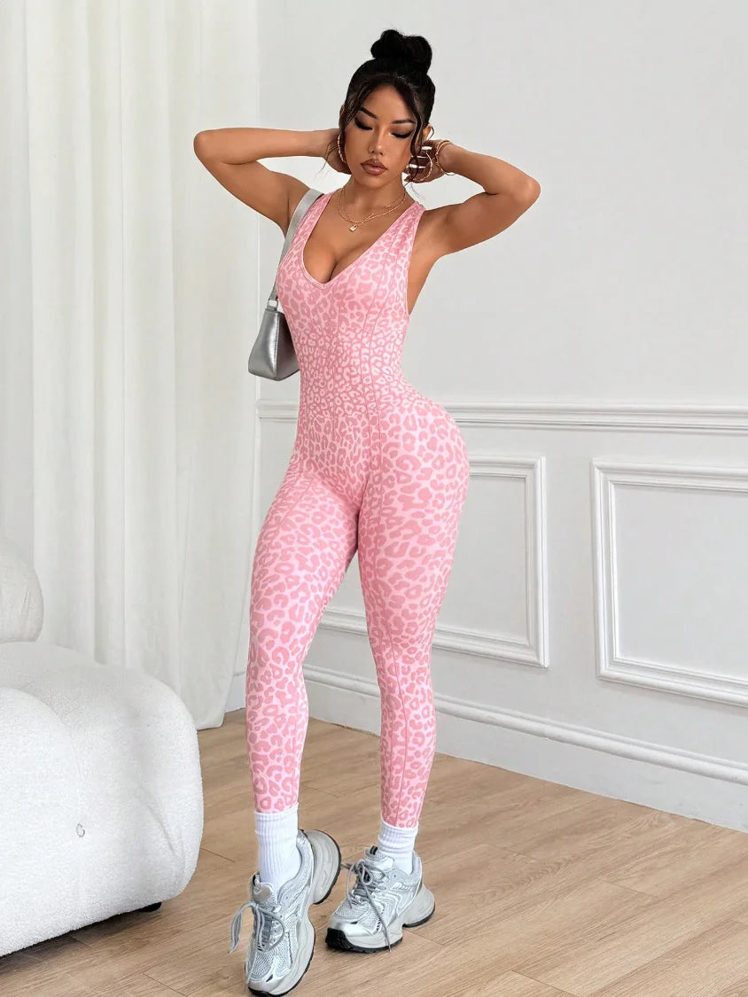 Women Sports Jumpsuits Leopard Deep V Bandage One Piece Yoga Pants Scrunch Workout Fitness Gym Training Athletic Tights Suits