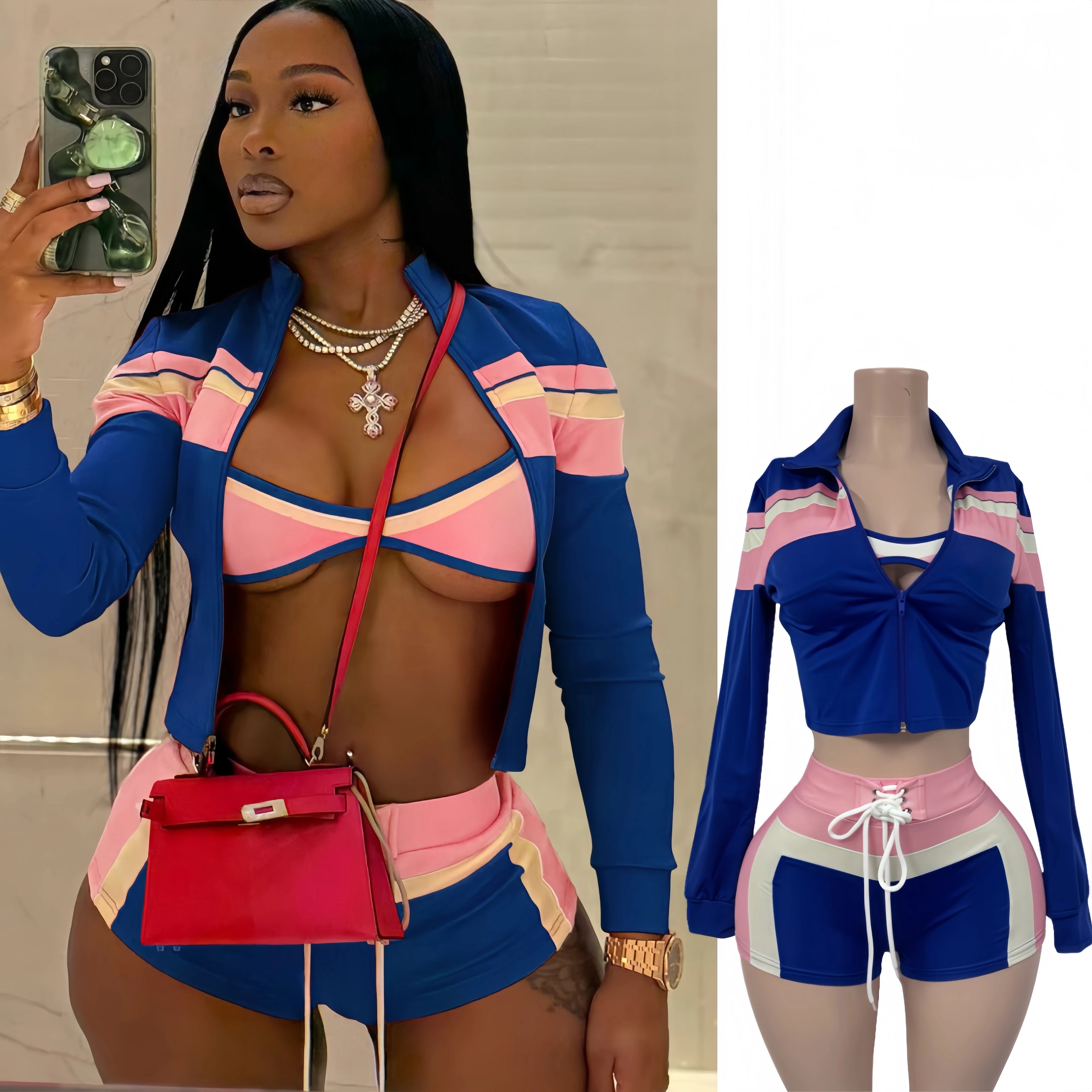 FAGADOER Sexy Sport 3 Pieces Set For Woman Color Block Long Sleeves Jacket + Tanks Top and Shorts Matching Female Beach Swimsuit
