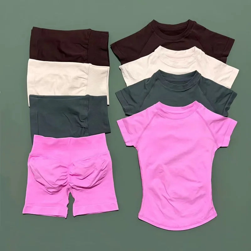Ensemble Sport Femme 2 Pièces — Haut Manches Courtes + Short Legging Seamless