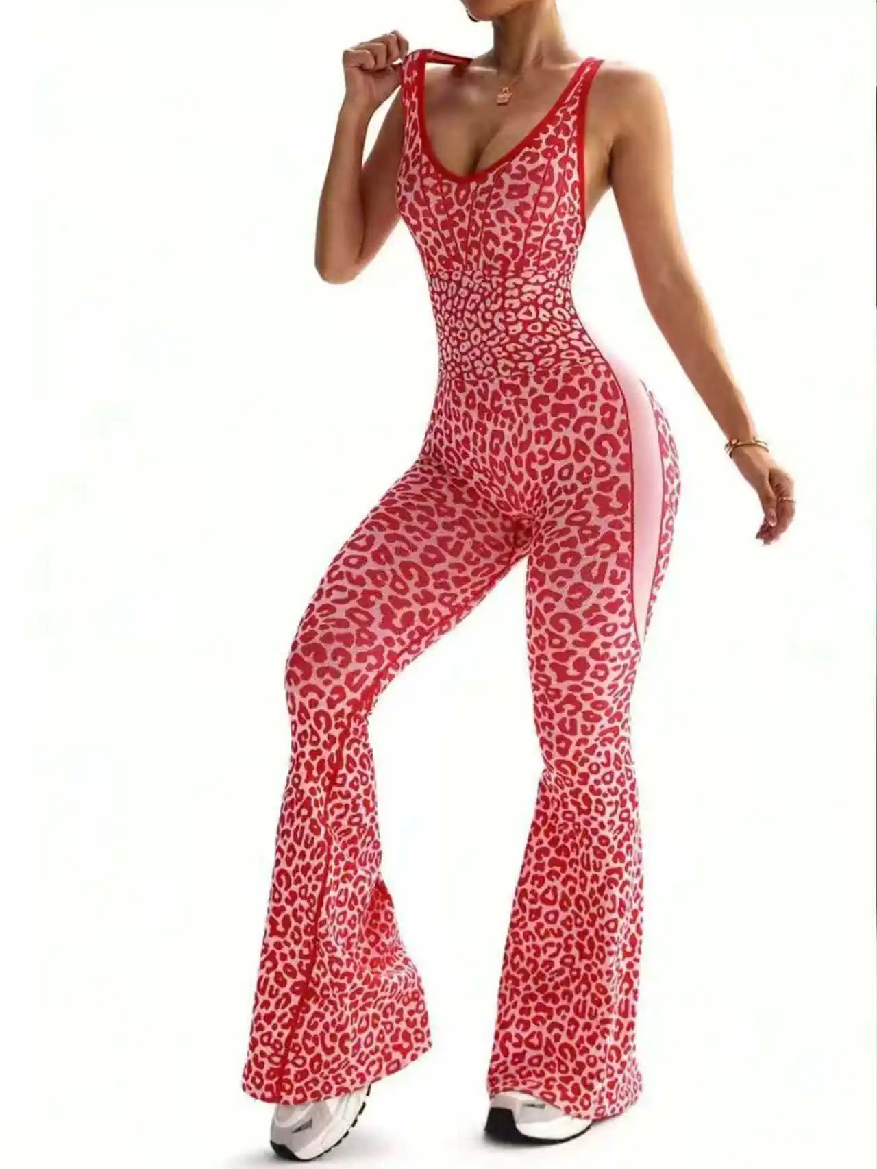 Women Sports Jumpsuits Leopard Deep V Bandage One Piece Yoga Pants Scrunch Workout Fitness Gym Training Athletic Tights Suits