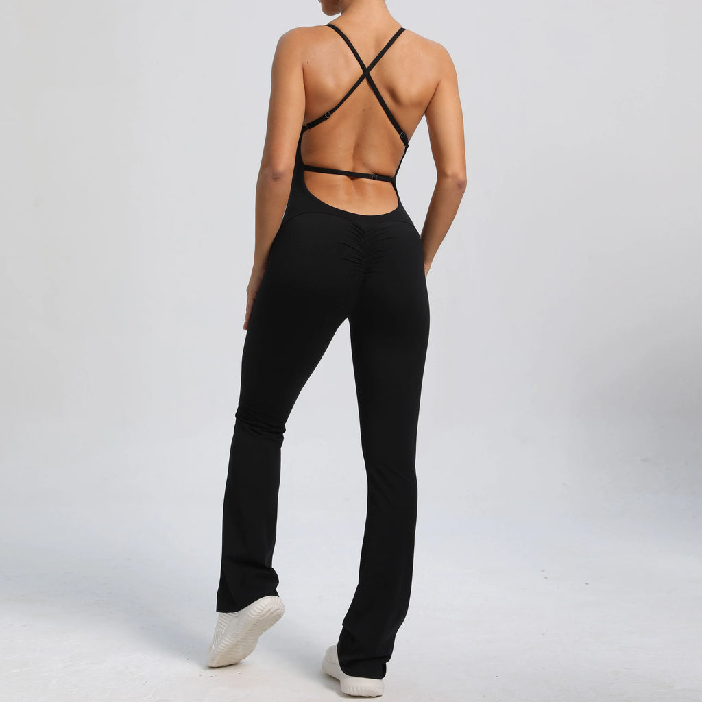 Women Workout Jumpsuit One Piece Fitness Training Yoga Suit Butt Backless Gym Bodysuit Stretch Women Sport Flare Playsuit