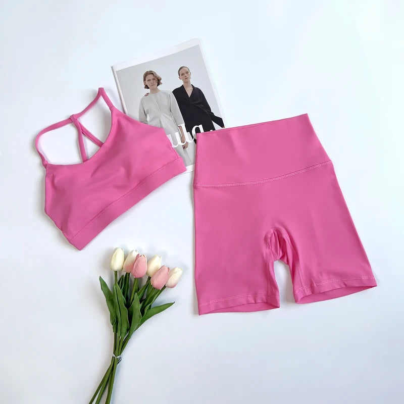 Solid Color Gym Bike Yoga Set Short Legging Cross Back Sport Bra 2pc Tracksuit Athletic Women Gym Suit Comprehensive Training👚