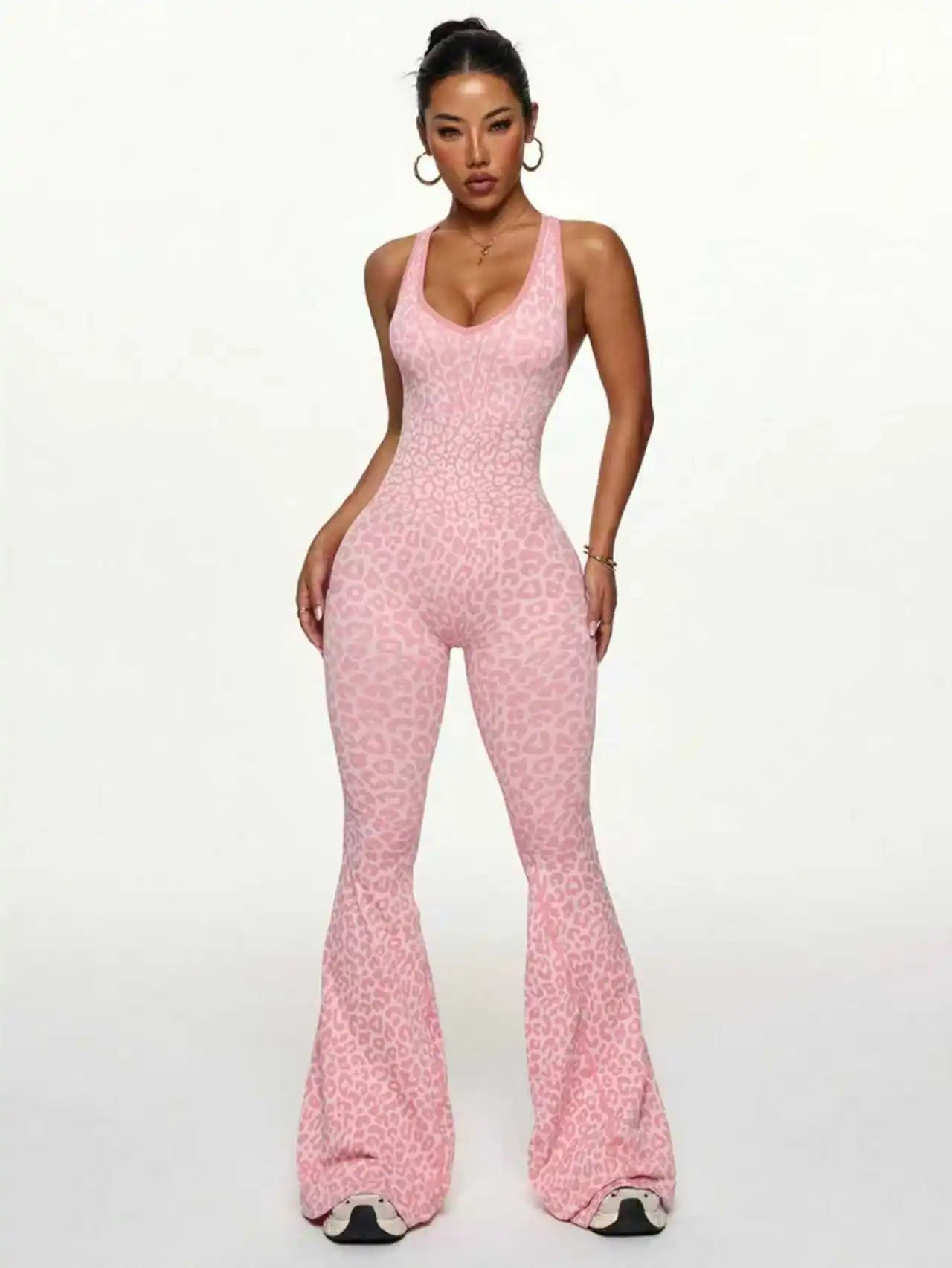 Women Sports Jumpsuits Leopard Deep V Bandage One Piece Yoga Pants Scrunch Workout Fitness Gym Training Athletic Tights Suits
