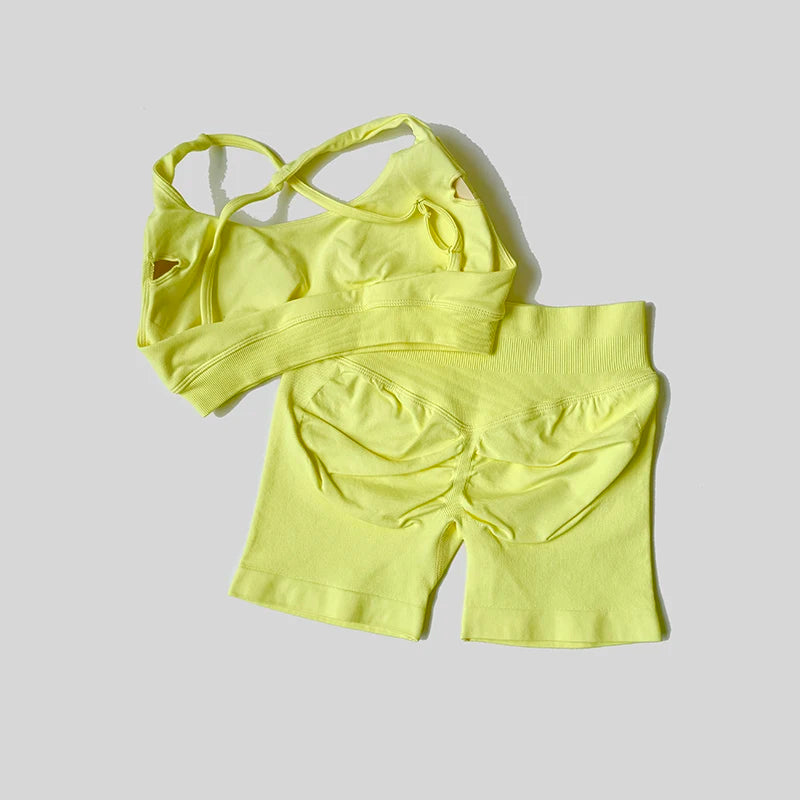 Solid Color Bike Gym Set Short Cross Back Sports Bra Workout Outfit Athletic Women Gym Suit Training Running Tracksuit