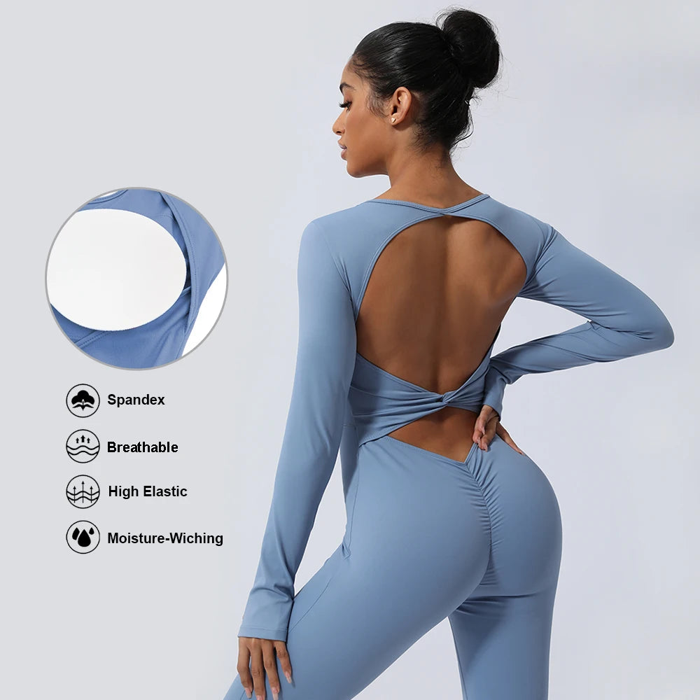 Women Fitness Jumpsuit Backless Long Sleeve Tights Yoga Set Running Training With Padded Sport Set