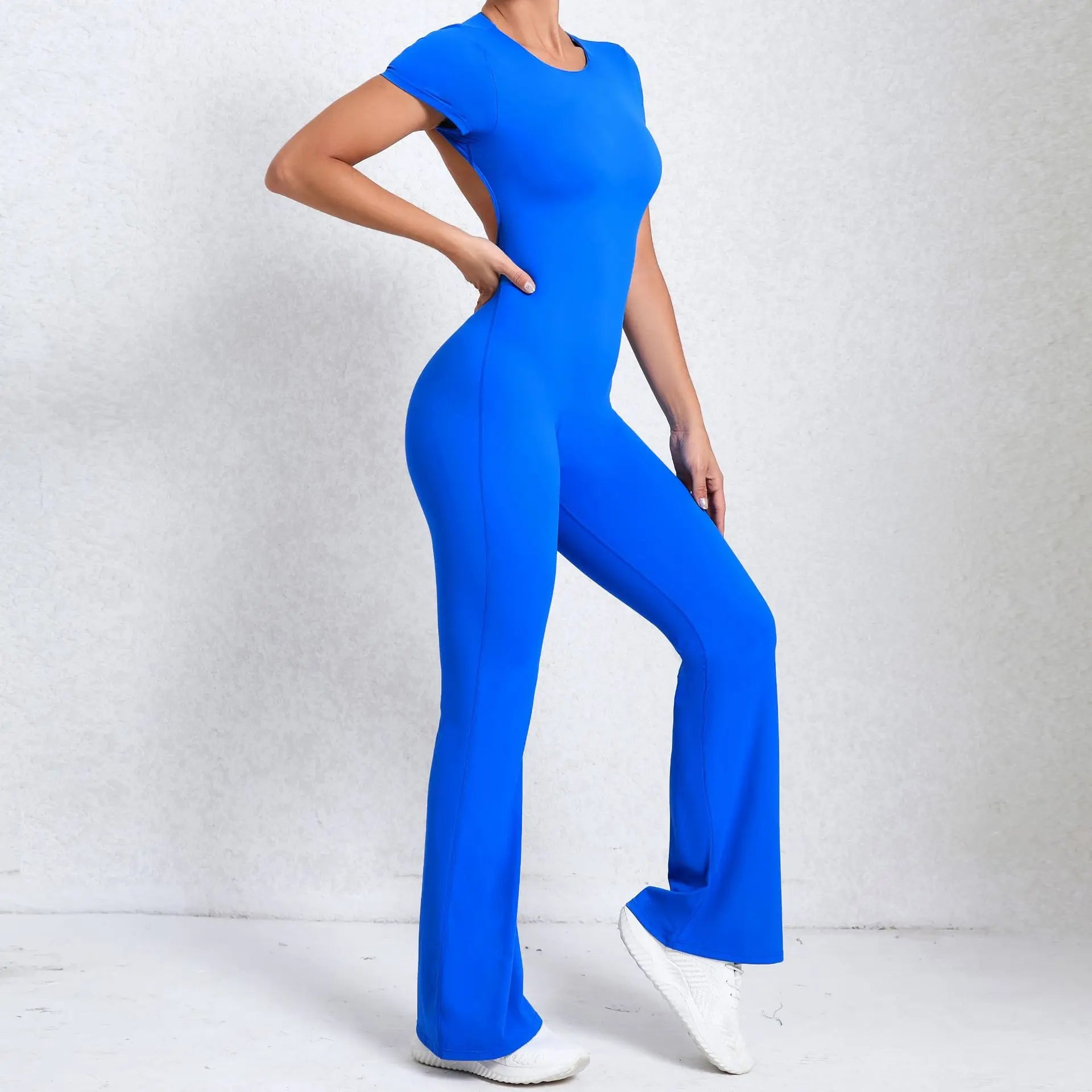 Sexy Backless Scrunch Flared Jumpsuits Women One Piece Sportswear Yoga Clothes Short Sleeve Fitness Overalls Female Sport Outfit