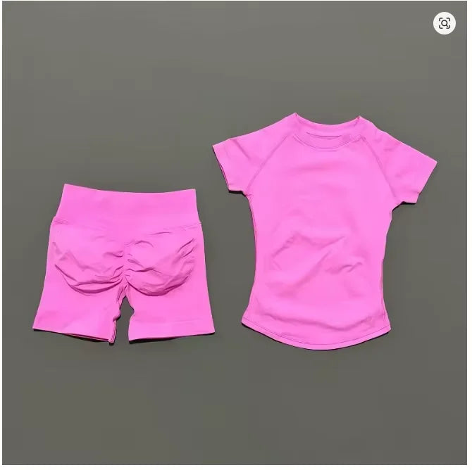 DFDK 2 Piece Athletic Tracksuit, Seamless Short Sleeve Yoga Wear, High Stretch Running Shorts, Gym Training Outfit