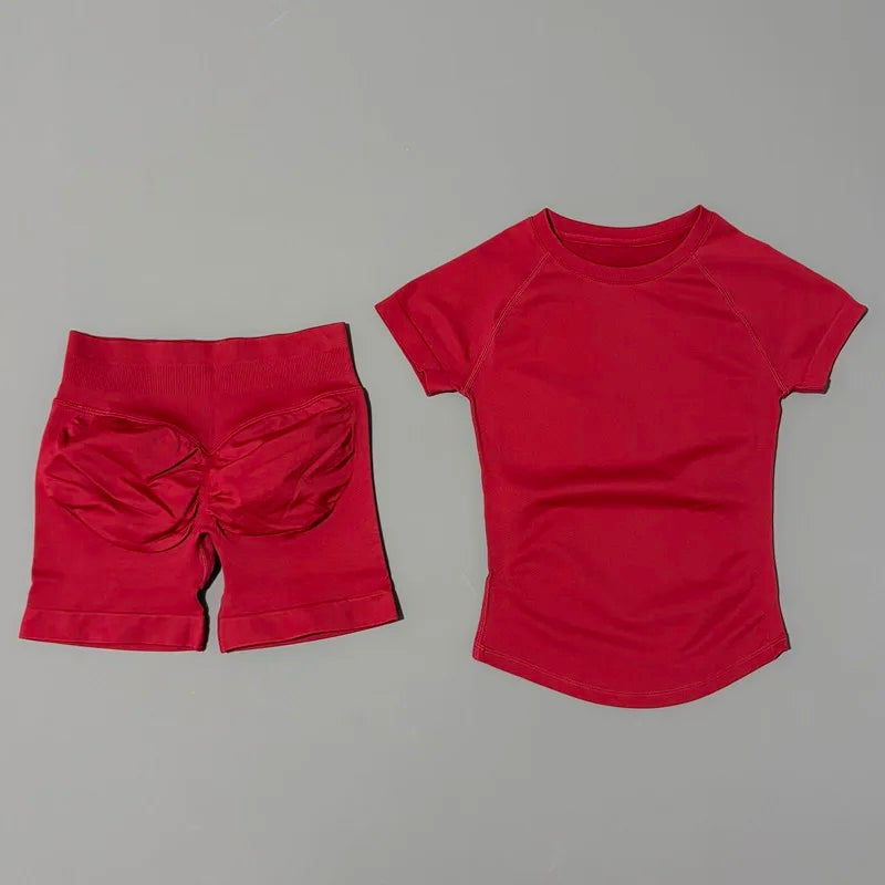 Ensemble Sport Femme 2 Pièces — Haut Manches Courtes + Short Legging Seamless