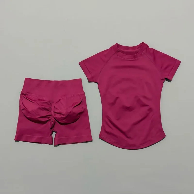 Ensemble Sport Femme 2 Pièces — Haut Manches Courtes + Short Legging Seamless