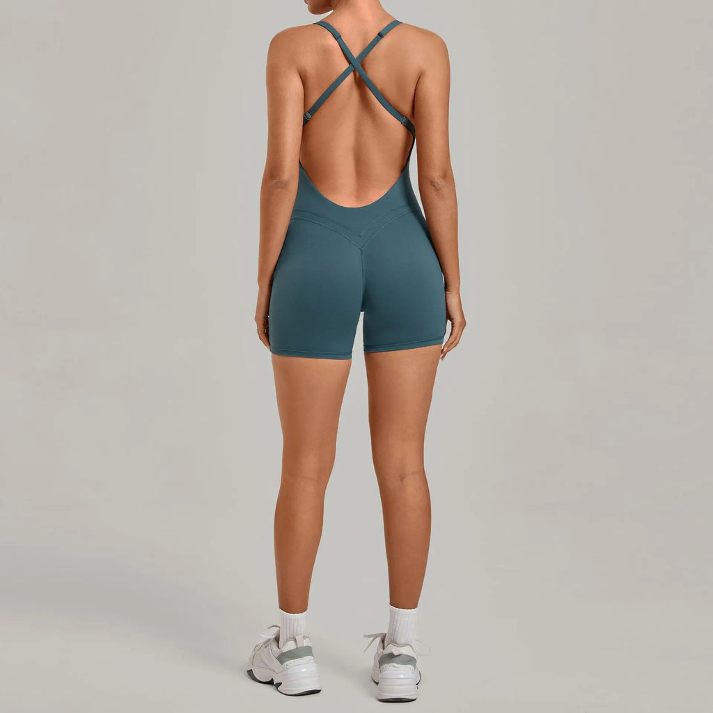 Backless Gym Bodysuits Set Short Jumpsuit Playsuit Women One Piece Sport Outfit Yoga Romper Sexy Fitness Overalls Raises Butt