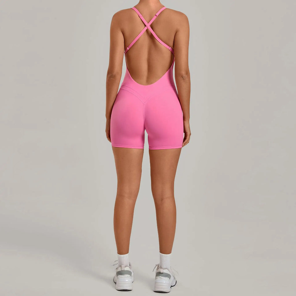 Backless Gym Bodysuits Set Short Jumpsuit Playsuit Women One Piece Sport Outfit Yoga Romper Sexy Fitness Overalls Raises Butt