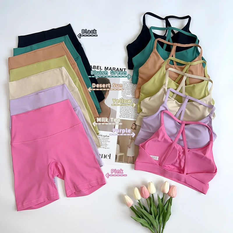 Solid Color Gym Bike Yoga Set Short Legging Cross Back Sport Bra 2pc Tracksuit Athletic Women Gym Suit Comprehensive Training👚